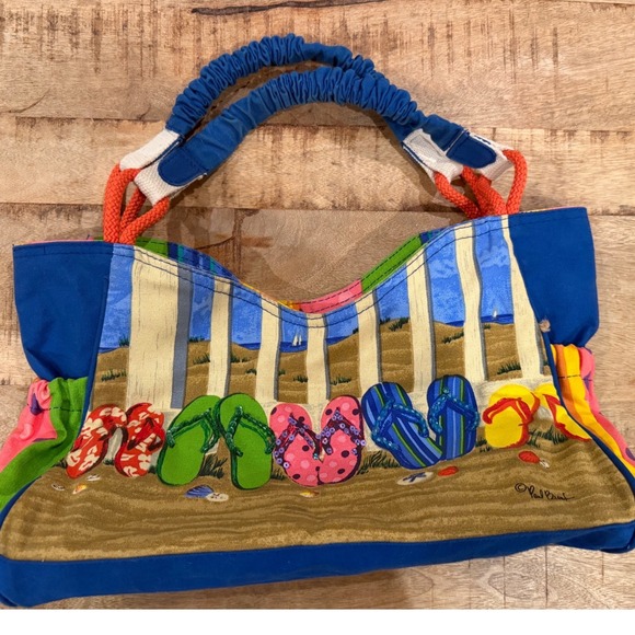 Sun N Sand Handbags - Sun N Sand Paul Brent Beach Tote Bag Beaded Flip Flops Canvas Shoulder Bag Blue